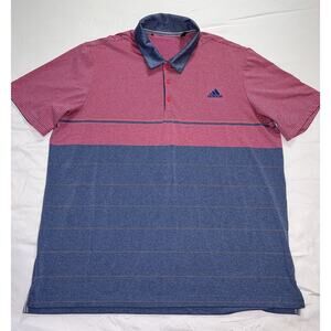Adidas Polo Shirt Men’s Size XL Blue Pink Striped Embroidered Club Logo Golf